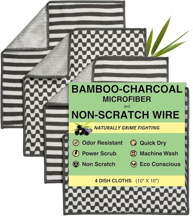 Severn Dish Cloths for Washing Dishes 4pk. Odor-Resistant Dish Rags with Non-Scratch Wire Scrubber Side for Kitchen Cleaning. Grime-Fighting Bamboo-Charcoal Microfiber 2-Sided Dishrags. Machine Wash