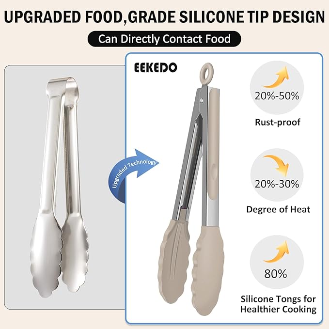 Kitchen Tongs, Stainless Steel Cooking Tongs with Silicone Tips, 600ºF High Heat-Resistant Non Scratch Locking Tongs for Cooking BBQ Grilling Air Fryer Pans, Set of 3 (7" 9" and 12") Beige
