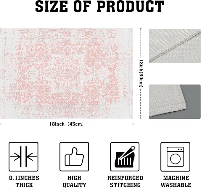 aportt Gray Pink Boho Placemats Set of 6 Ethnic Bohemian Carpet Place Mats Washable Kitchen Dining Vintage Grey Geography Floral Linen Table Mats Stain Heat-Resistant for Home Party Indoor 12x18 in