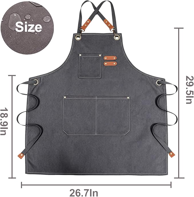 Chef Apron with Large Pockets for Women Men, Cotton Canvas Cross Back Water Repellent Adjustable Work Apron