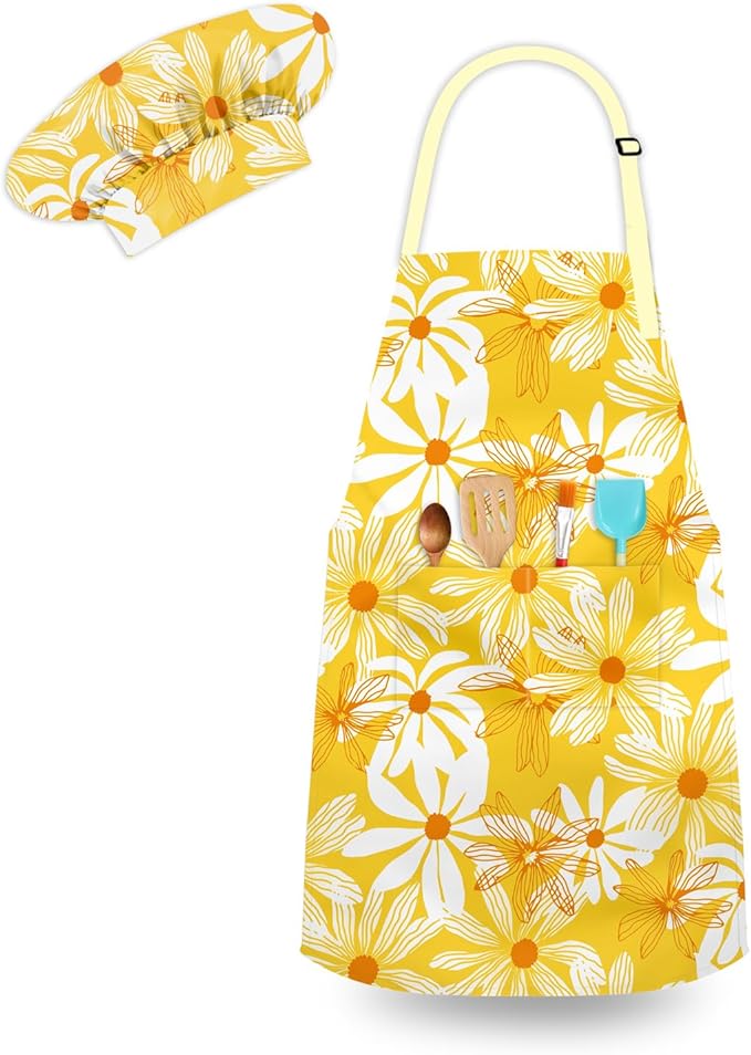 Kids Chef Hat and Apron, Adjustable Kids Aprons with Pocket Girls Boys Kitchen Toddler Aprons for Cooking Baking