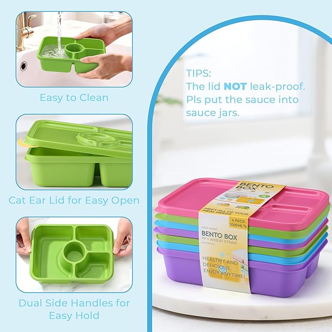 Bento Snack Box Containers, Reusable Meal Prep Lunch Containers for Adults Kids, Stackable Bento Snack Box 4 Pack, Divided Lunchable Food Storage Containers with Sauce Container, Rose Pink