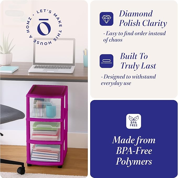 HOMZ Drawer Tower, 3-Tier Clear Plastic Storage Organizer Cart, Purple Frame - Rolling Drawer Containers with Wheels for Bathroom, Bedroom, Office, and Classroom Organization