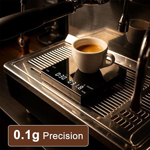Espresso Coffee Scale with Timer, 0.1g High Precision Digital Scale for Home Barista Pour Over, Seamless Glass Panel, Fits Drip Tray, Type-C Rechargeable