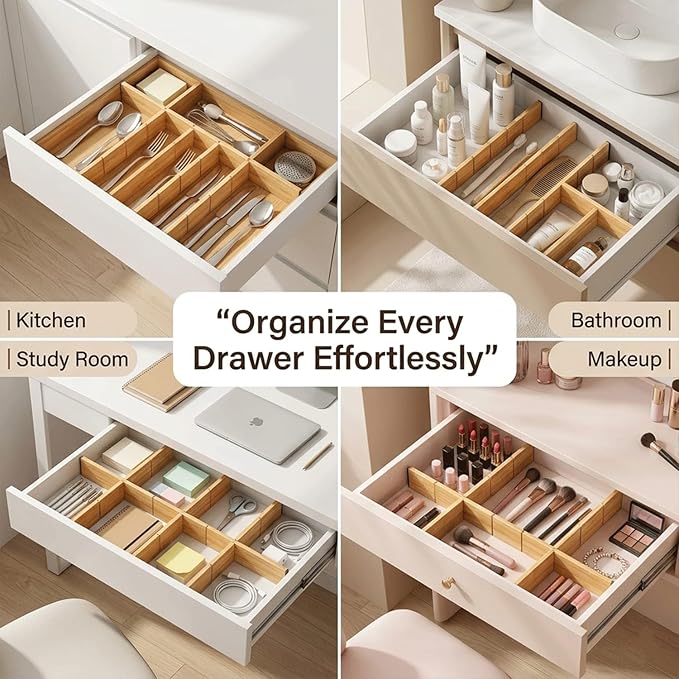 6 Pack Bamboo Drawer Dividers, Adjustable 17–22 Inch Expandable Drawer Organizer for Kitchen, Dresser & Closet, Bamboo Kitchen Drawer Organizer, Drawer Divider Set with 12 Inserts