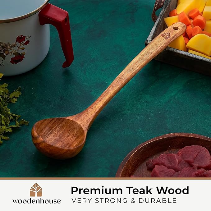 Wooden Ladle for Cooking, Soup Spoon Ladle – Teak Wooden Serving Spoon, 12.4″ Handle, Medium Scoop Size 2 oz – Eco Friendly, Natural and Sustainable