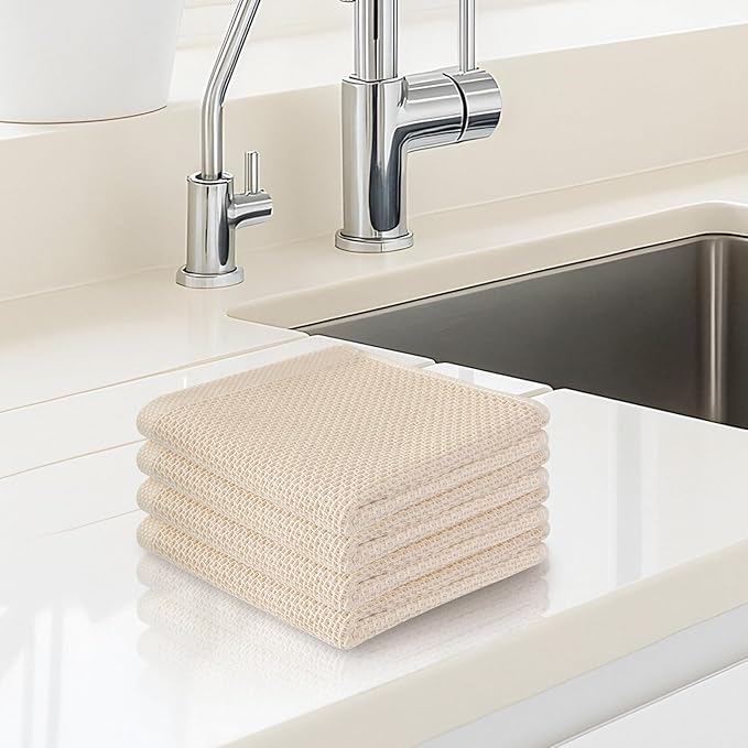 100% Cotton Waffle Weave Kitchen Towels, 4 Pack Dish Cloths for Washing Dishes, Ultra Soft Absorbent Dish Towels, Quick Drying Kitchen Rags, 13x28 Inches, Beige