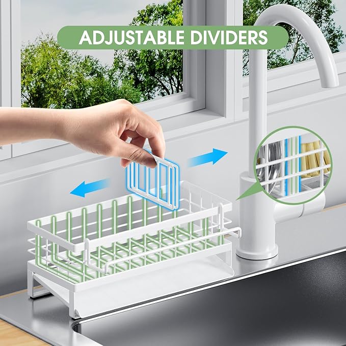 Self-Draining Kitchen Sink Caddy, Rustproof Non-Slip Sponge Holder with Detachable Dish Cloth Holder (White)