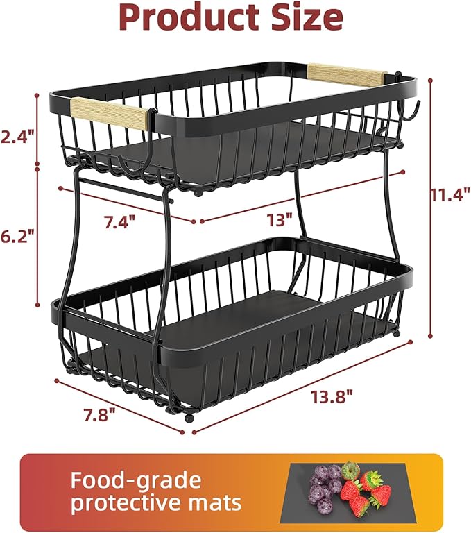 Sevenblue 2 Tier Large Fruit Basket for Kitchen Counter with 2 Mobile Banana Hangers, 2026 Pro Detachable Metal Fruit Bowl with Wooden Handle, Fruit Holder for Bread Snack Veggies with Protective Mats
