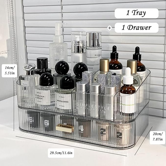 Makeup Organizer with Drawers, Stackable Cosmetics Organizer, Large Make Up Organizer Storage Box, Ideal for Bathroom Countertop and Desk (1 x Drawer, Clear)