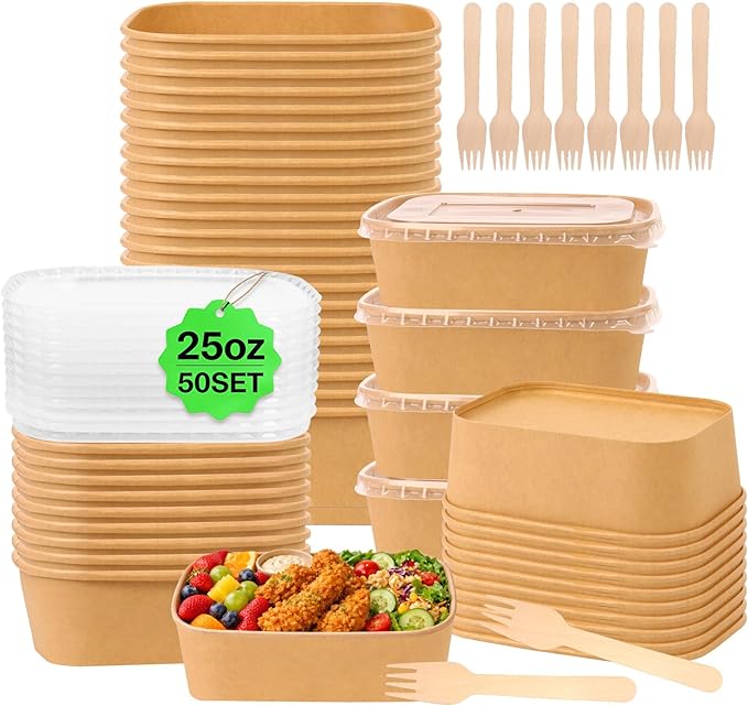 50 Pack 25 oz Paper Food Containers with Lids, Meal Prep Containers Disposable Large Paper Bowls, Microwavable and Freezer Storage Use Cardboard Food Containers