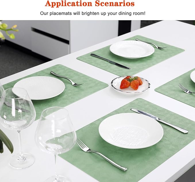 Vinyl Placemats Set of 6 Heat Resistant Easy Clean Non-Slip Place Mats for Dining Table Faux Leather Waterproof Stain Resistant Wipeable Washable PVC Table Mats(6, Green)