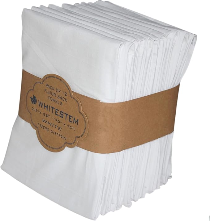 Flour Sack Tea Towel for Crafts | Kitchen Dish Cotton Blank Towel for Embroidery | Baking Bread Proofing Linen Cover | Thick Absorbent Quick Dry | 12 Pack 28"x28" White