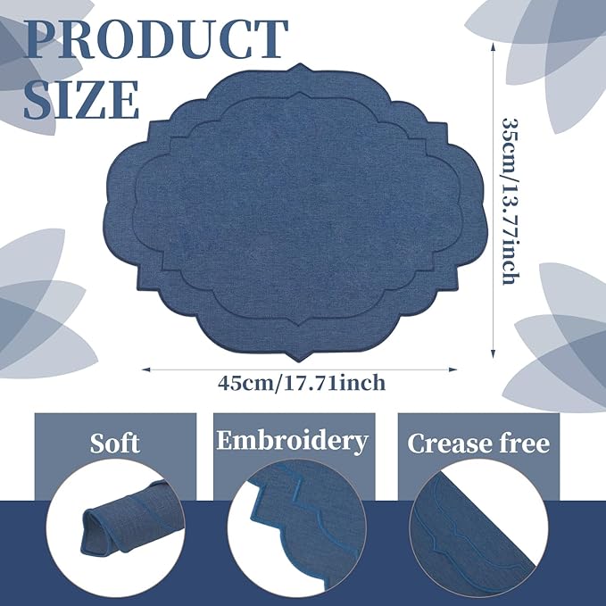 Cotton Linen Oval Placemats Set of 4, HADEEONG Table Mats Cloth Placemats, Washable Wrinkle Resistance, Scalloped & Embroidered Fabric Placemats, 17.71 x 13.77 inch (Navy Blue, 4)