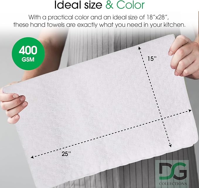 DG Collections Premium Dish Towels for Kitchen, 8 Pack, 15x25 Inch - 100% Cotton Kitchen Towels with Hanging Loop, Highly Absorbent, 400 GSM Bar Mop Cleaning Towels - White