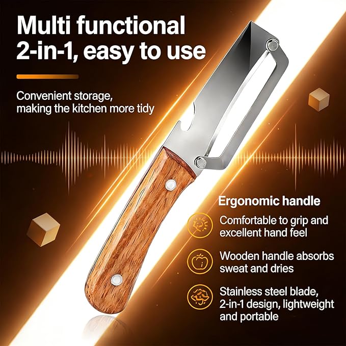 Multifunctional Vegetable Peeler For Kitchen With Ergonomic Wood Handle, 2 In 1 Stainless Steel Fruit Peeler With Bottle Opener, Can Easily Peel Fruits And Vegetables And Open Bottle Caps (3)