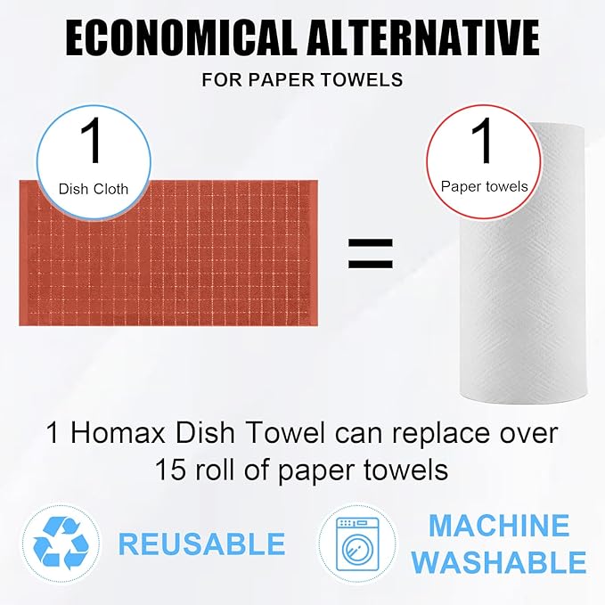 Homaxy 100% Cotton Terry Kitchen Towels(Rust, 13 x 28 inches), Checkered Designed, Soft and Super Absorbent Dish Towels, 4 Pack