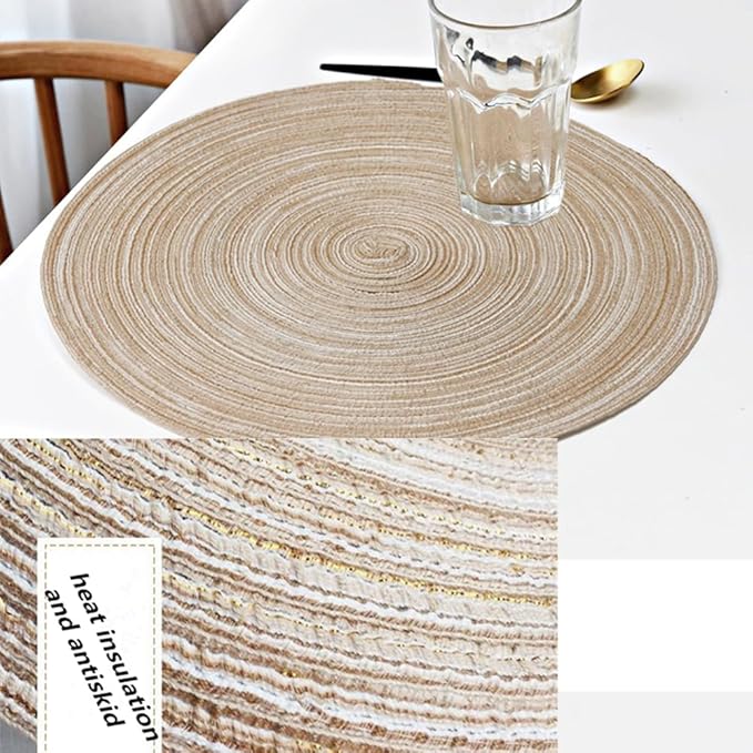 15 Inch Round Placemats Set of 6 Heat-Resistant Stain Resistant Anti-Skid Washable Polyproplene and Cotton Table Mats Placemats (Beige, 6)