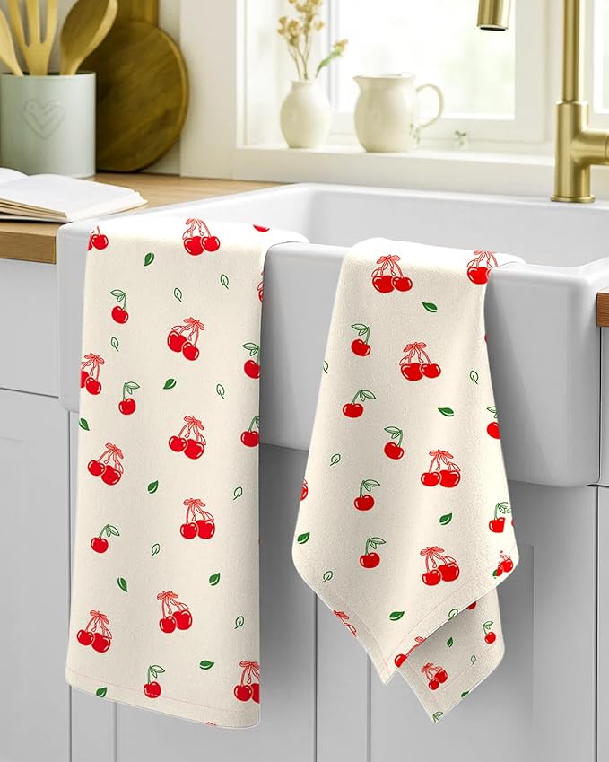 Miss Adola Flour Sack Kitchen Towels Set of 2-18x26 Cotton Dish Towels with Hanging Loop Reusable Tea Towel for Cleaning Spring Absorbent Dishcloths Cute Home Decor Housewarming, Bow Cherry