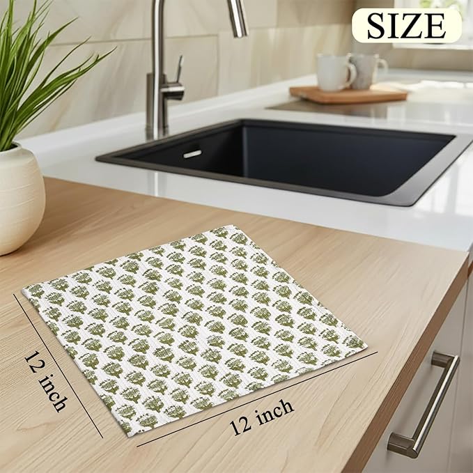 CPC Emerald Green Hand Block Printed Cotton Waffle Dish Cloth Set of 6-12x12 Inch Super Absorbent, Soft, Reusable Kitchen Towels for Dish Drying & Cleaning Ideal for Spring, Mother's Day