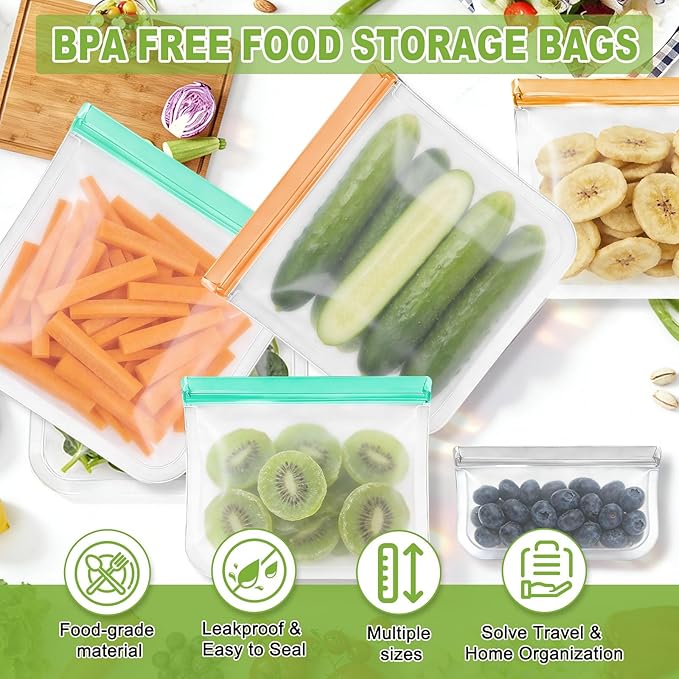 12 Pack Silicone Bags for Food Storage,Reusable Silicone Food Storage Bags,Freezer, Microwave & Dishwasher Safe,Reusable Freezer Food Bags, Leakproof-4 Gallon 4 Snack 4 Sandwich Bags,Grey