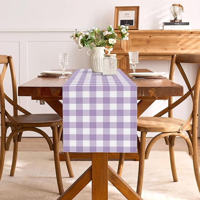 Light Purple Gingham Table Runner Purple Checkered Plaid Birthday Party Decorations Wedding Baby Shower BBQ Picnic Home Kitchen Table Decor (Purple, 13" x 72")
