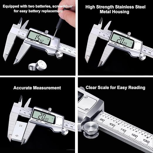 Kynup Digital Caliper 8 inch, Caliper Measuring Tool, Joint Calipers, Vernier Caliper, Stainless Steel, Full Turn Off, Switch from Inch Metric Fraction, Micrometer Digital for Household, DIY(200MM)