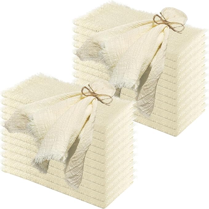 24Pack Ivory Cloth Napkins 17x17Inch Ivory Napkins Cloth with Fringe Soft Cotton Cloth Napkins Washable Rustic Dinner Napkins Cloth for Wedding Party Dinner Table