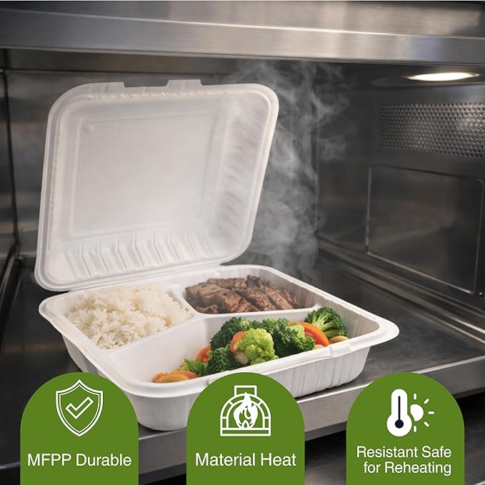 9x9 3-Compartment Hinged Vented Food Containers, 50 Pack – Clamshell Takeout Containers, Meal Prep Food Storage, 3 Compartment Food Containers, To Go Boxes & Cake Slice Box - White