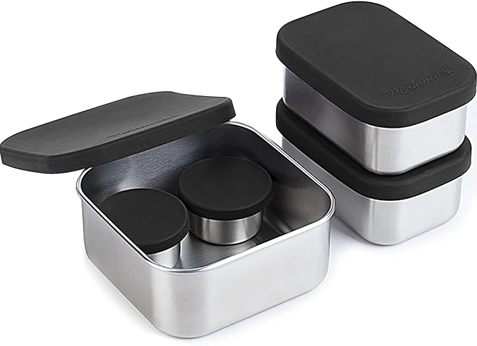 Modaniam Flexibento - Leak proof Stainless Steel Bento Box | Stainless steel Snack Containers | Food Containers with Silicone Lids | Metal Food Containers| Bentobox - Black, 52 Oz Set (set of 5)