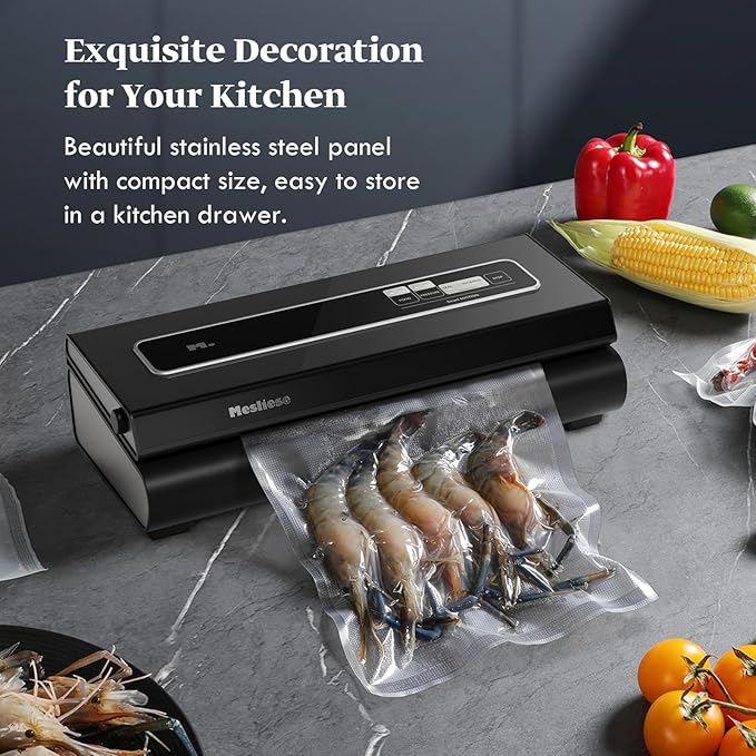 Vacuum Sealer Machine, Mesliese 90Kpa Powerful 6-in-1 Precision Compact Vacuum Food Preservation System with Cutter, 2 Bag Rolls & 5 Pre-cut Bags, Dry&Moist Modes Smart Suction, ETL Listed (Dark Gray)