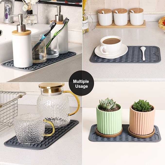 ZLR 2 Pcs Silicone Sponge Holder & Sink Caddy Tray (6" x 12") - Narrow Dish Drying Mat for Kitchen Counter - Waterproof Soap Dispenser Organizer, Non-Slip Bathroom Vanity Tray (Dark Gray)