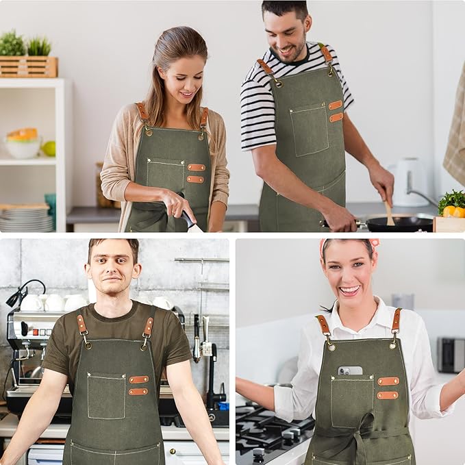 OUNLEN Chef Apron for Men Women Canvas Aprons with 3 Pockets Cross Back Resistant Work Apron for Cooking
