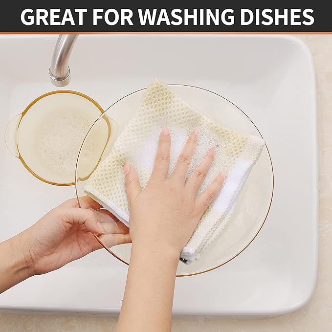 Homaxy 100% Cotton Waffle Weave Check Plaid Dish Cloths, 12 x 12 Inches, Super Soft and Absorbent Dish Towels Quick Drying Dish Rags, 6-Pack, White & Beige