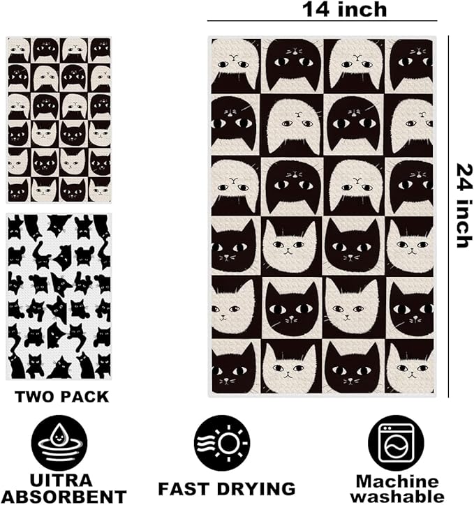 2Pcs Cat Kitchen Towels, Funny Cats Absorbent Tea Towel Decorative Dish Hand Towels Cat Lover Gifts for Cleaning Drying Cats Owners Women Mom Housewarming Gifts 14 x 24 Inch Kitchen Home Decor-1