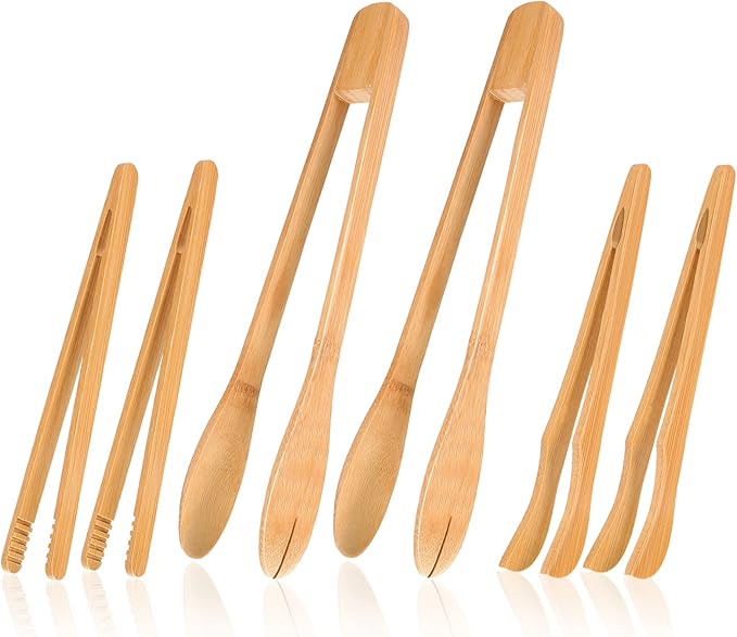 Zopeal 6 Pcs Bamboo Utensils for Cooking Wooden Toaster Tongs Long Cooking Salad Tongs for Picking up Cheese Bacon Toast Cake Fruits Bread Spaghetti for Kitchen Women Men