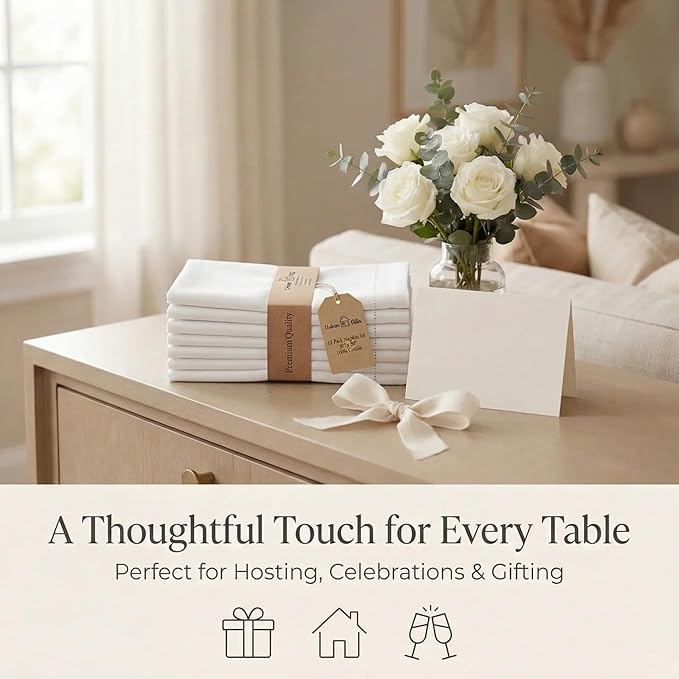 Urban Villa Cloth Napkins White Hemstitch Dinner Napkins Set of 12 (20X20)100% Cotton Absorbent Washable Durable Reusable Ideal for Easter Decorations Farmhouse Parties Restaurant Lunch Dinner Napkins
