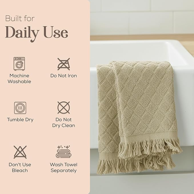 MosJos Kitchen Towels, Set of 4 Hand Towels, Sage Taupe Diamond Pattern Drying Towels 18 x 28 Super Absorbent Cotton Hand Cloths with Fringed Edges, Everyday Essentials Kitchen Linens