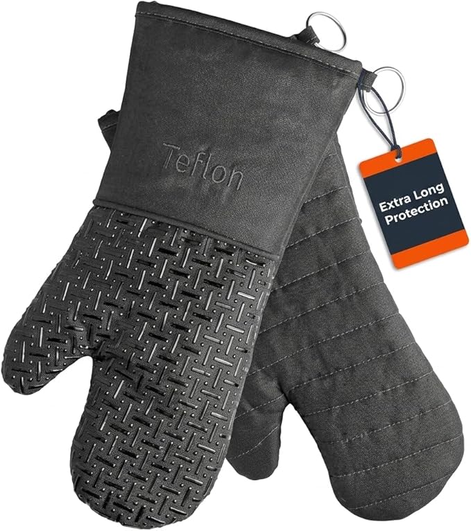Xlnt Extra Long Oven Mitts (Black) | Teflon EcoElite Water Repellent | Heat Resistant for Oven Cooking, Grill & BBQ | Non Slip Gloves with Teflon EcoElite Finish, Cotton Lining & Hanging Loop
