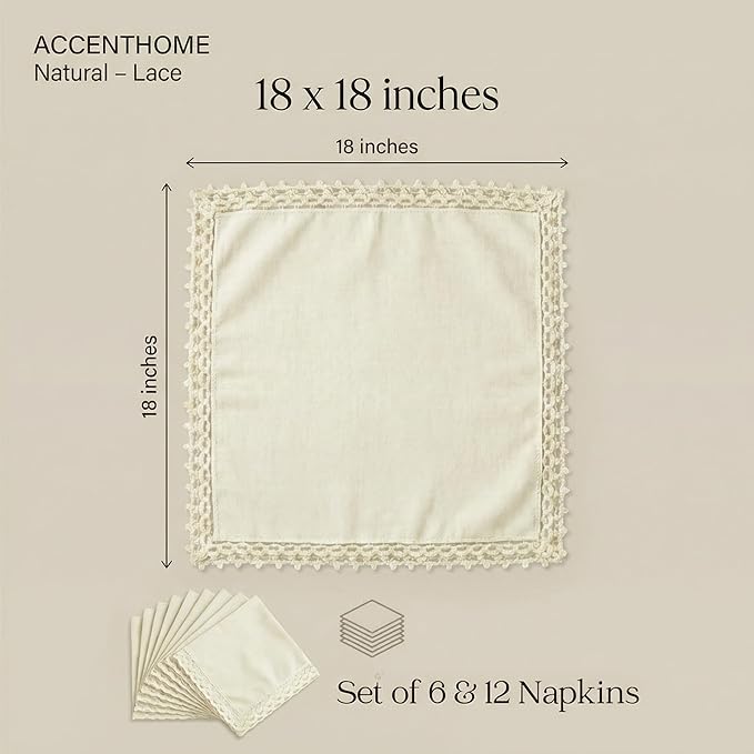 ACCENTHOME Cream Cloth Napkins Set of 12 18x18 inch Cotton Dinner Napkins - Washable Soft Premium Hotel Quality Reusable Napkins Perfect Table Napkins for Family Dinners, Weddings & Everyday Use