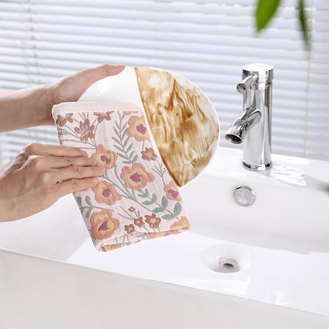 Kitchen Dish Towels for Drying 100% Cotton Set of 4, Ultra Absorbent Quick Drying Thick Reusable Cleaning Decorative Tea Towels with Hanging Loop,Reversible Boho Pretty Hand Towels,Floral