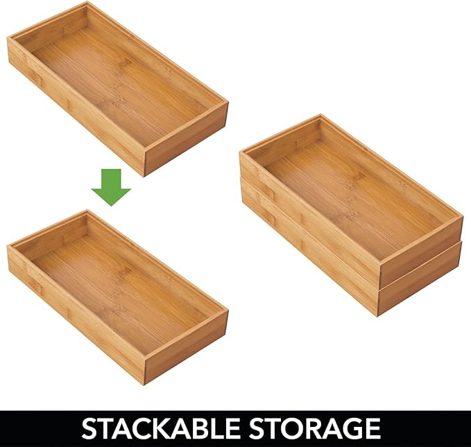 mDesign Wooden Bamboo Drawer Organizer - 12" Long Stackable Storage Box Tray for Kitchen Drawers/Cabinet - Utensil, Silverware, Spatula, and Flatware Holder - Echo Collection - 2 Pack, Natural Wood