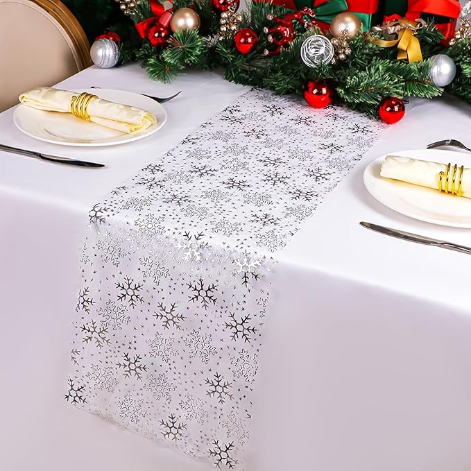 Snowkingdom Christmas Snowflake Silver Table Runner 11 Inch x 49 Feet Sparkly Silver Foil Glitter Metallic Mesh Runners Dining Table Decorations for Seasonal Winter Xmas Festival Holiday Home Party