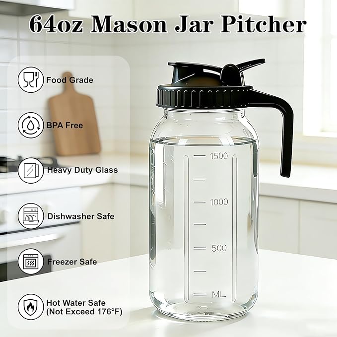 Cold Brew Coffee Maker, 64oz Mason Jar Pitcher with Airtight Lid and Stainless Steel Filter, 1 Quart Wide Mouth Glass Jar Cold Brew Coffee Kit Tea Infuser Pitcher, Coffee Lovers Gifts for Men/Women