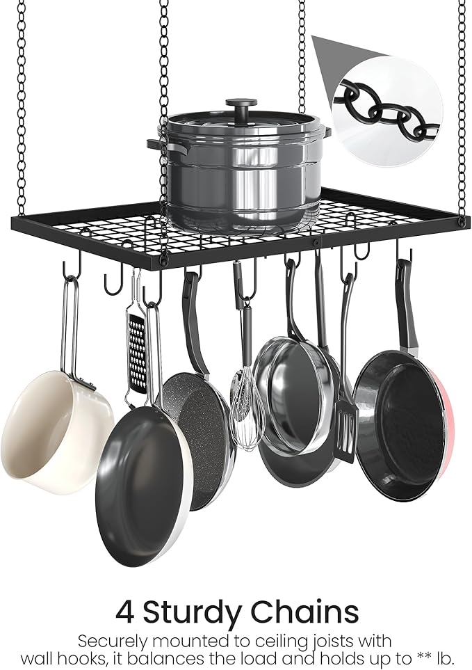 CHOEZON Hanging Pot Rack, Ceiling Mounted Pot Hanger for Kitchen, Metal Cookware Storage Organizer with 12 Hooks, for Storage of Cookware, Utensils in Kitchen, 23.7" L, Black TPR03BB