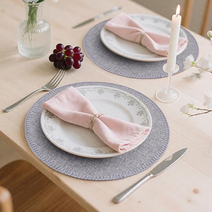 Round Placemats Set of 6, 15 Inch Linen Fabric Table Placemats, Heat Resistant, Wrinkle Free Washable Placemats Kitchen Place Mats Set of 6 for Dining Table Party Table (Light Grey, 6)
