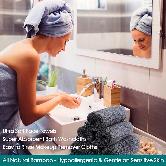 Wash Cloths 6 Pack, Super Soft & Skin Friendly Face Towel for Sensitive Skin, Reusable Washable Makeup Remover Cloth, 10x10 inch Small Baby Washcloths, Easy to Rinse Dark Grey Facial Cleaning Cloth
