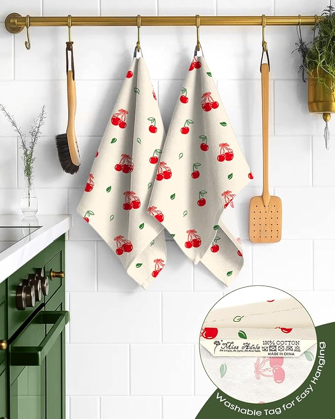 Miss Adola Flour Sack Kitchen Towels Set of 2-18x26 Cotton Dish Towels with Hanging Loop Reusable Tea Towel for Cleaning Spring Absorbent Dishcloths Cute Home Decor Housewarming, Bow Cherry