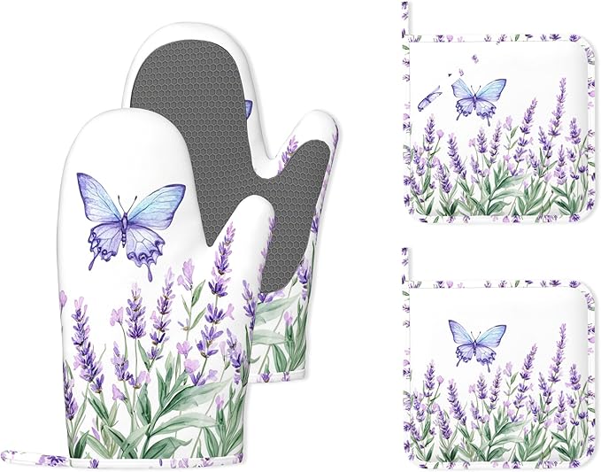 Lavender Heat-Resistant Silicone Oven Mitts and Pot Holders 4 Piece Set,Purple Butterfly Extra Long Non-Slip Kitchen Oven Gloves for Cooking, Baking, BBQ,Grilling