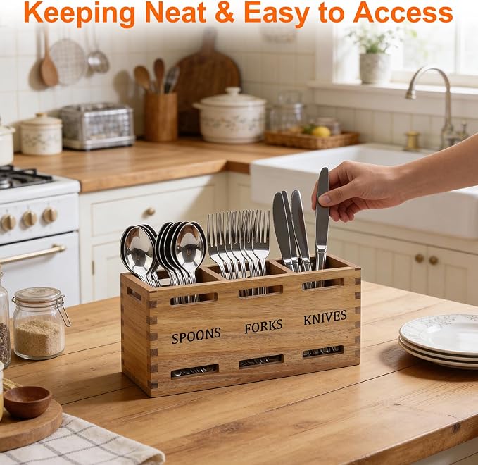 Farmhouse Wooden Silverware Caddy Party Flatware Cutlery Holder Acacia Wood Utensils Holders for Kitchen Counter Cutlery Silverware Organizer Table Spoon and Fork Holder Flatware Utensil Caddy